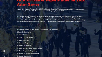 2026 아시안 게임 이스포츠 종목 추가