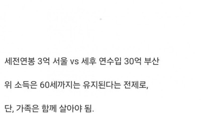 세전 연봉 3억 서울 살기 VS 세후 연수입 30억 부산 살기